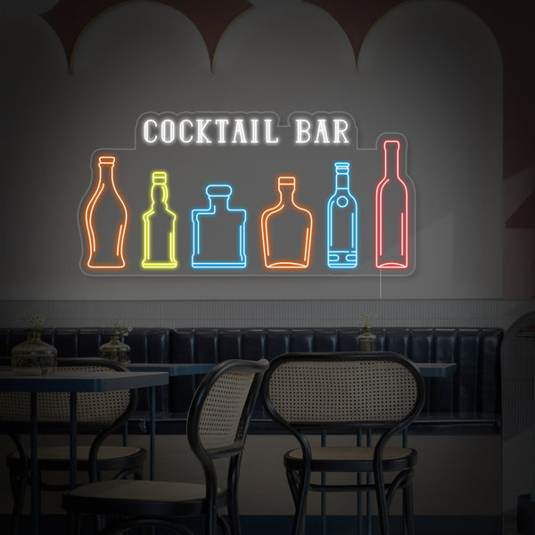 Cocktail Bar Bottles of Whiskey Wine Tequila Champagne Cognac Rum Bourbon Neon Sign