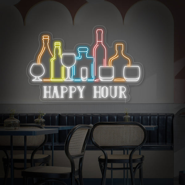 Happy Hour Bar Wines Bottles Neon Sign