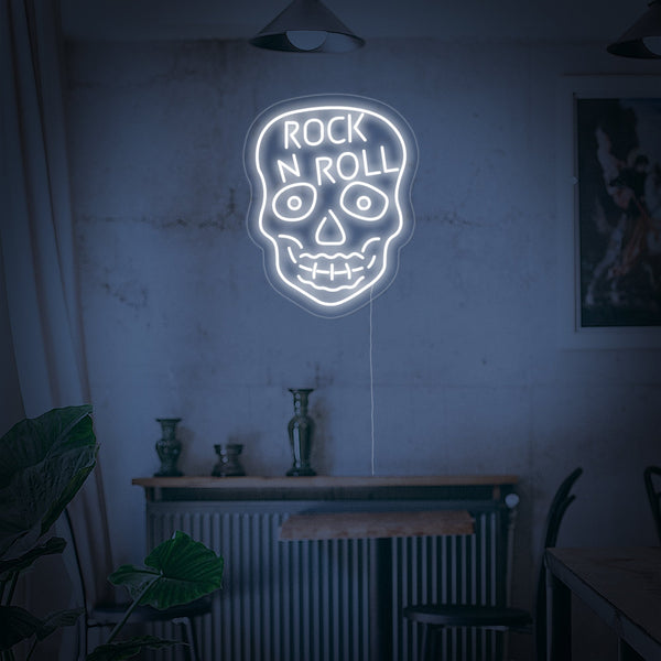 Rock N Roll White Skull Neon Sign