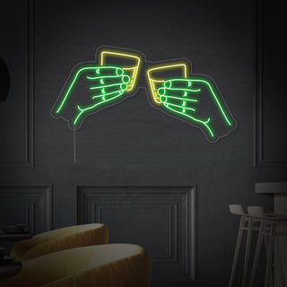 Two Hands Clinking Whiskey Glasses Bar Neon Sign